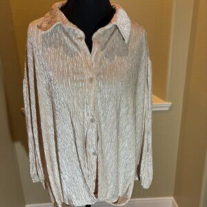 C Est 1946 Shiny Cream Gold Button Down Collar Long Sleeve Blouse